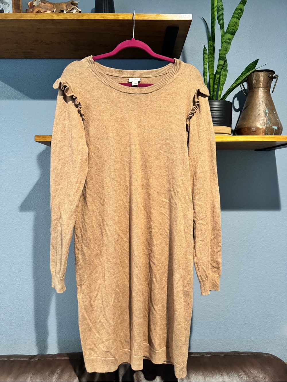 J. Crew Wool Blend Camel Ruffle-Shoulder Knit Long Sleeve Dress